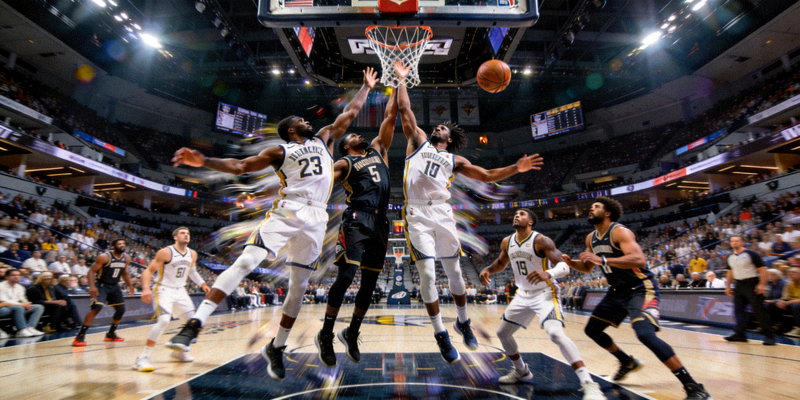 NBA季后赛激烈比赛瞬间，球员争抢篮板球与防守对抗
